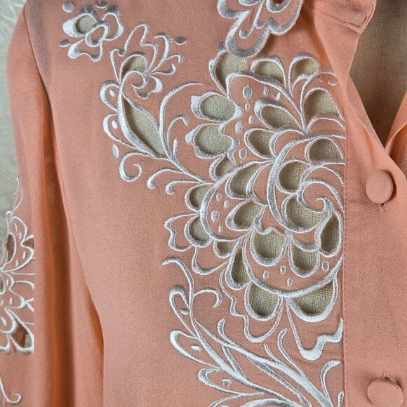 Bob Mackie Wearable Art Size Medium Peach 100% Silk Blouse with Eyelet Cutouts - Picture 3 of 14